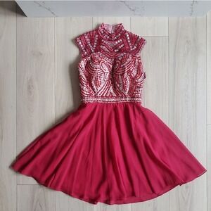 DylanQueen Dress Womens Red Beaded Sequin Mini Fit Flare Formal Party Open Back